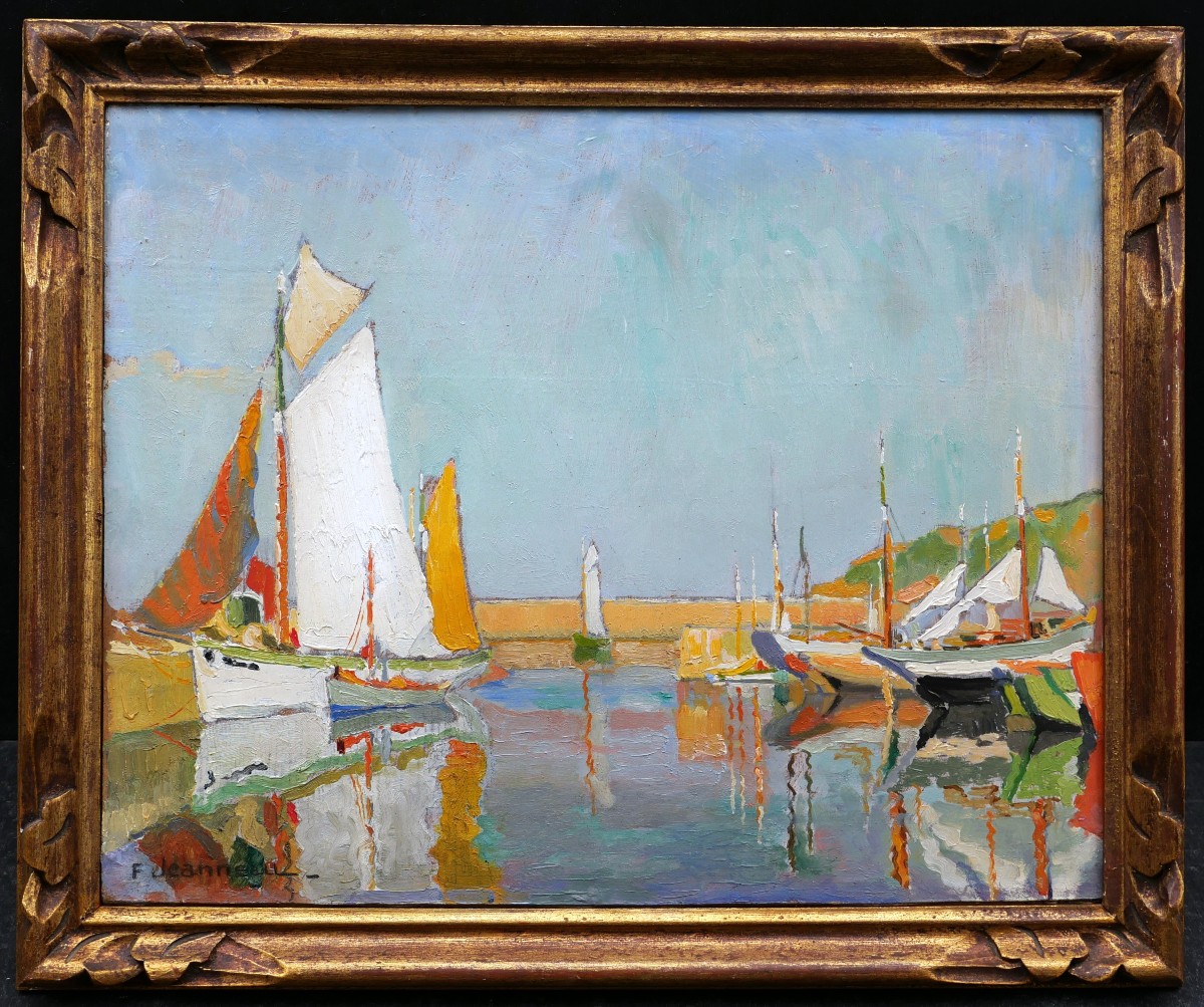 Fernand JEANNEAU, Voiliers dans un port près de Lorient (tableau)-photo-1