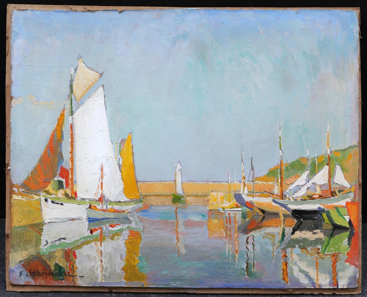 Fernand JEANNEAU, Voiliers dans un port près de Lorient (tableau)-photo-2