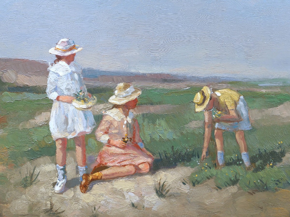 Joop Van Leeuwen, Young Girls Picking Flowers In The Dunes (painting)-photo-2