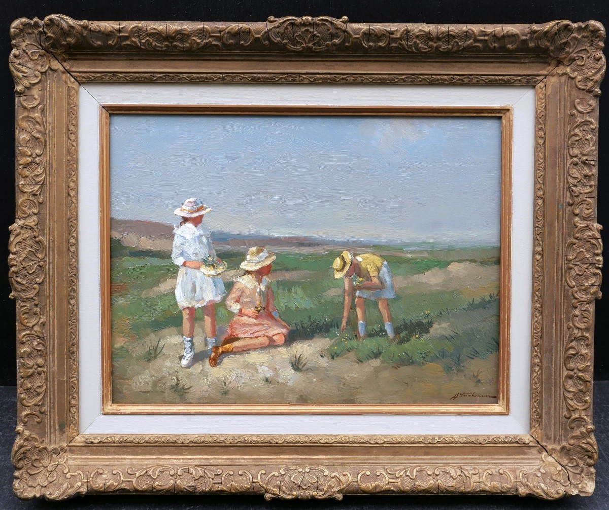 Joop Van Leeuwen, Young Girls Picking Flowers In The Dunes (painting)-photo-4