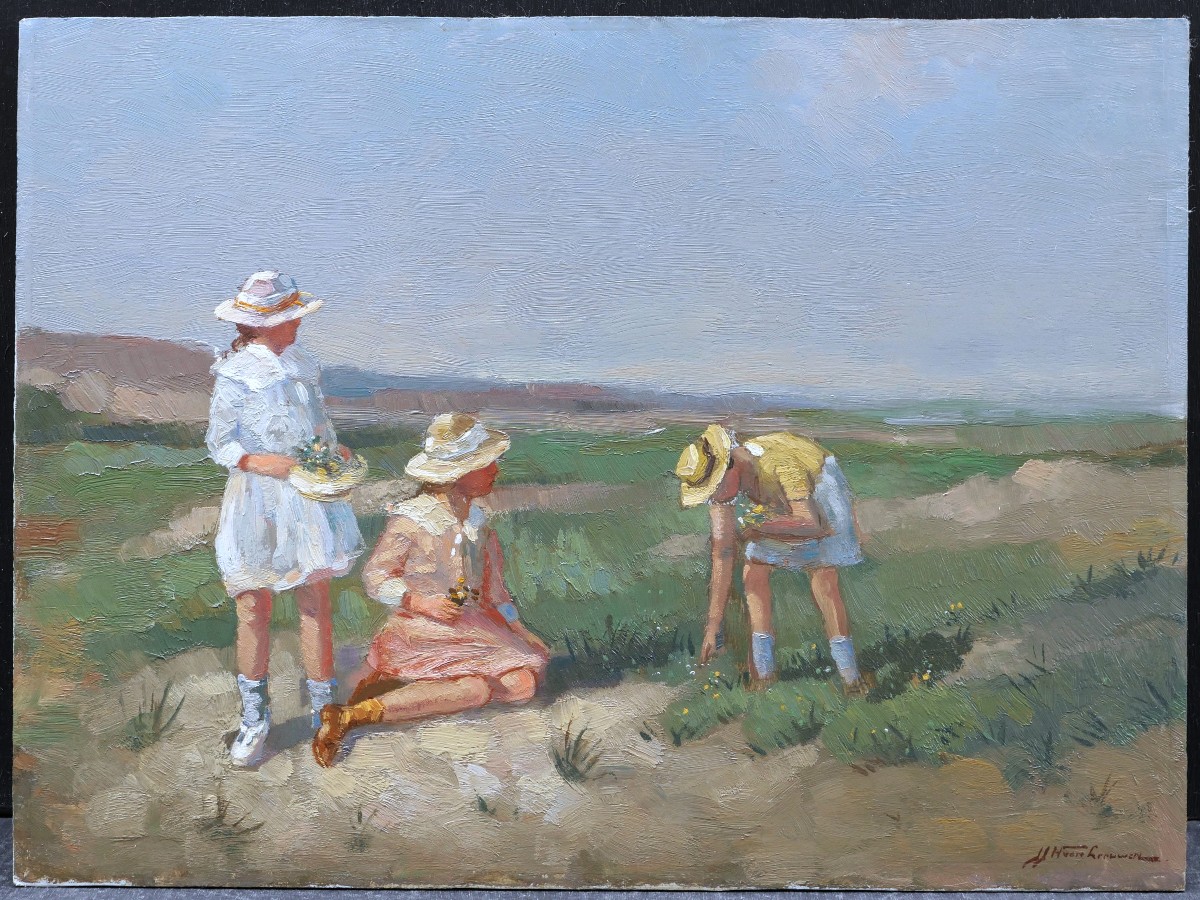 Joop Van Leeuwen, Young Girls Picking Flowers In The Dunes (painting)-photo-1