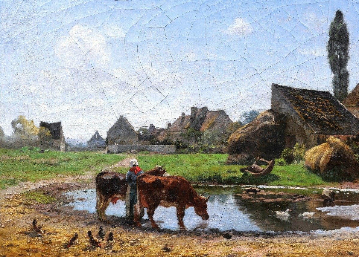 Louis Alexandre BOUCHÉ, Paysanne et vaches à l'abreuvoir-photo-2