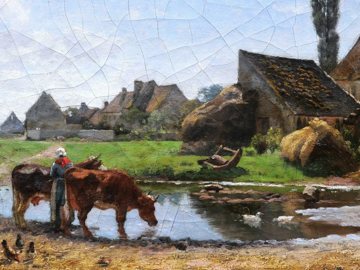 Louis Alexandre BOUCHÉ, Paysanne et vaches à l'abreuvoir-photo-3
