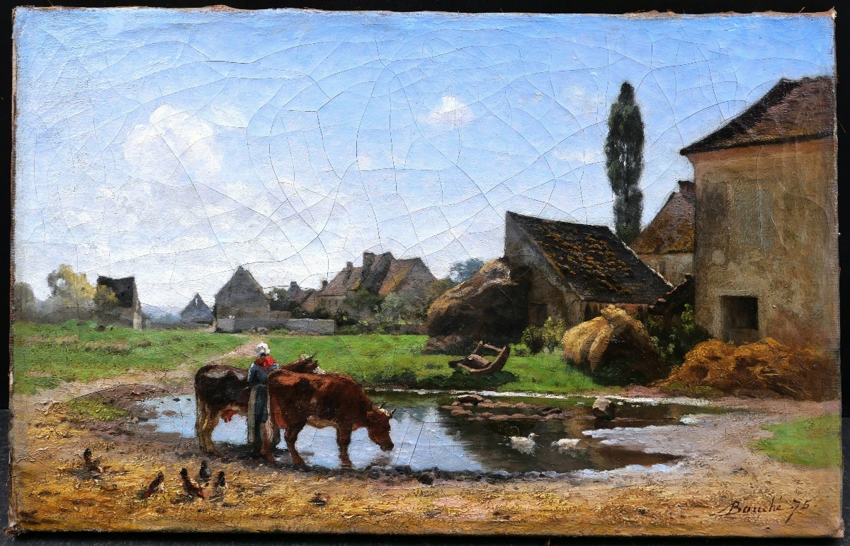 Louis Alexandre BOUCHÉ, Paysanne et vaches à l'abreuvoir-photo-1