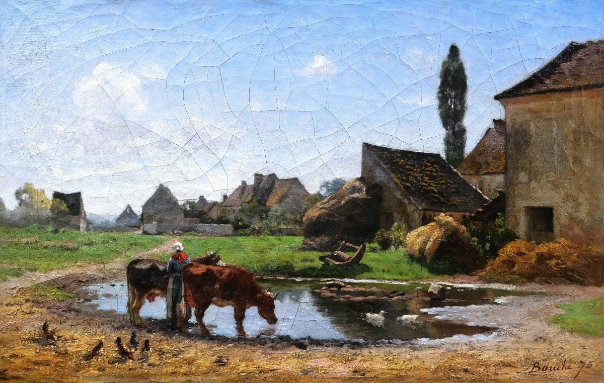 Louis Alexandre BOUCHÉ, Paysanne et vaches à l'abreuvoir