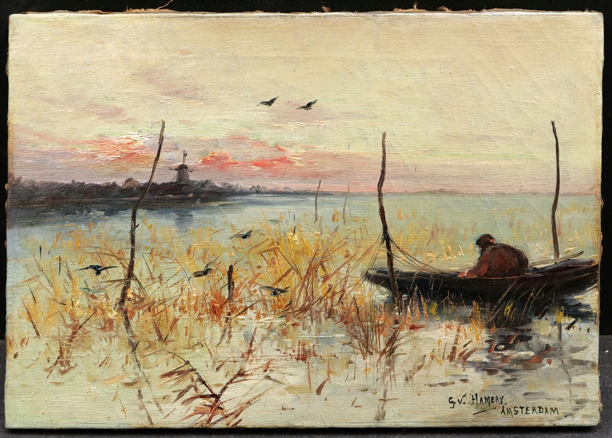 G. V. Hamery, Fisherman In A Boat Near Amsterdam In Holland (painting)-photo-4