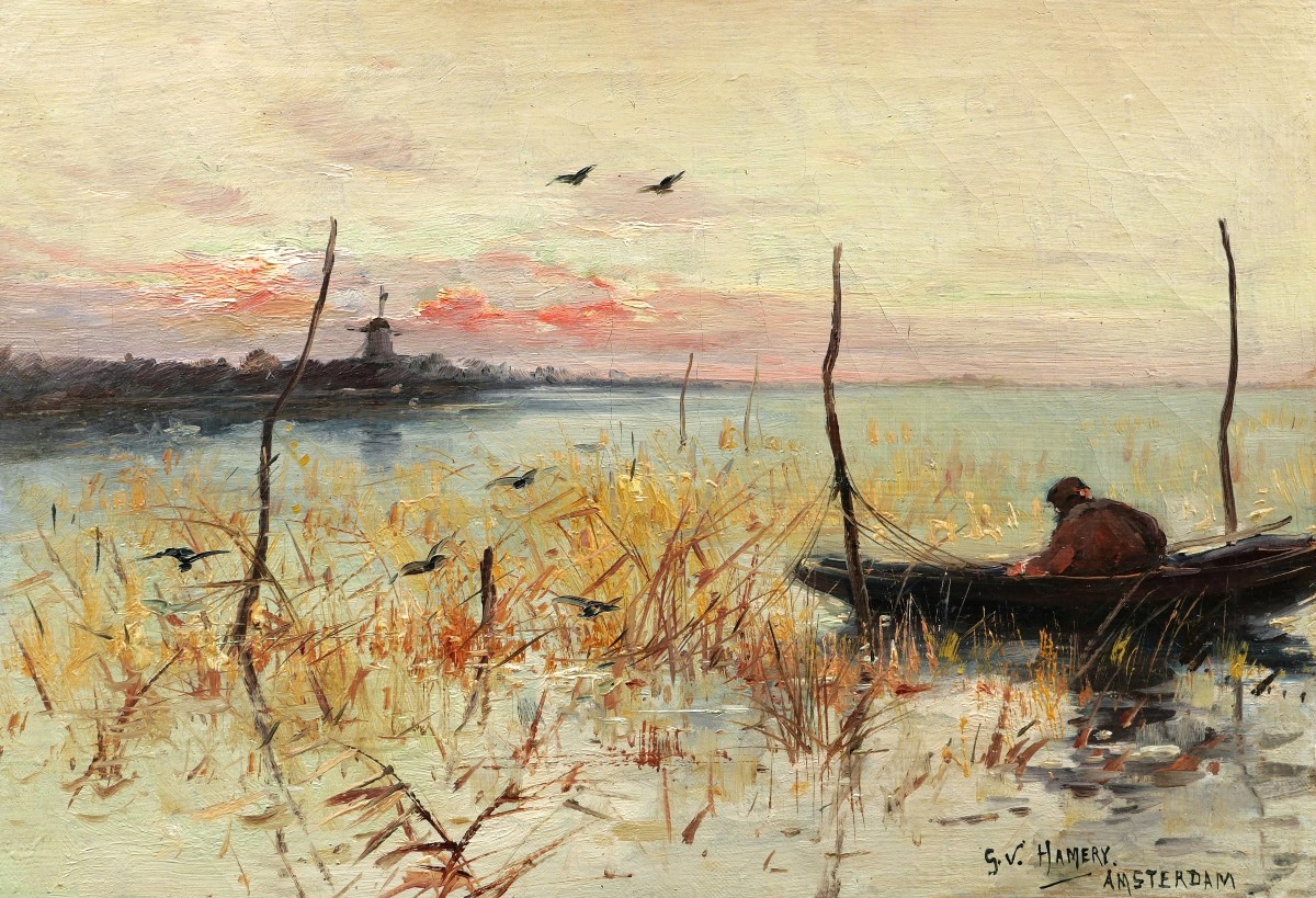 G. V. Hamery, Fisherman In A Boat Near Amsterdam In Holland (painting)