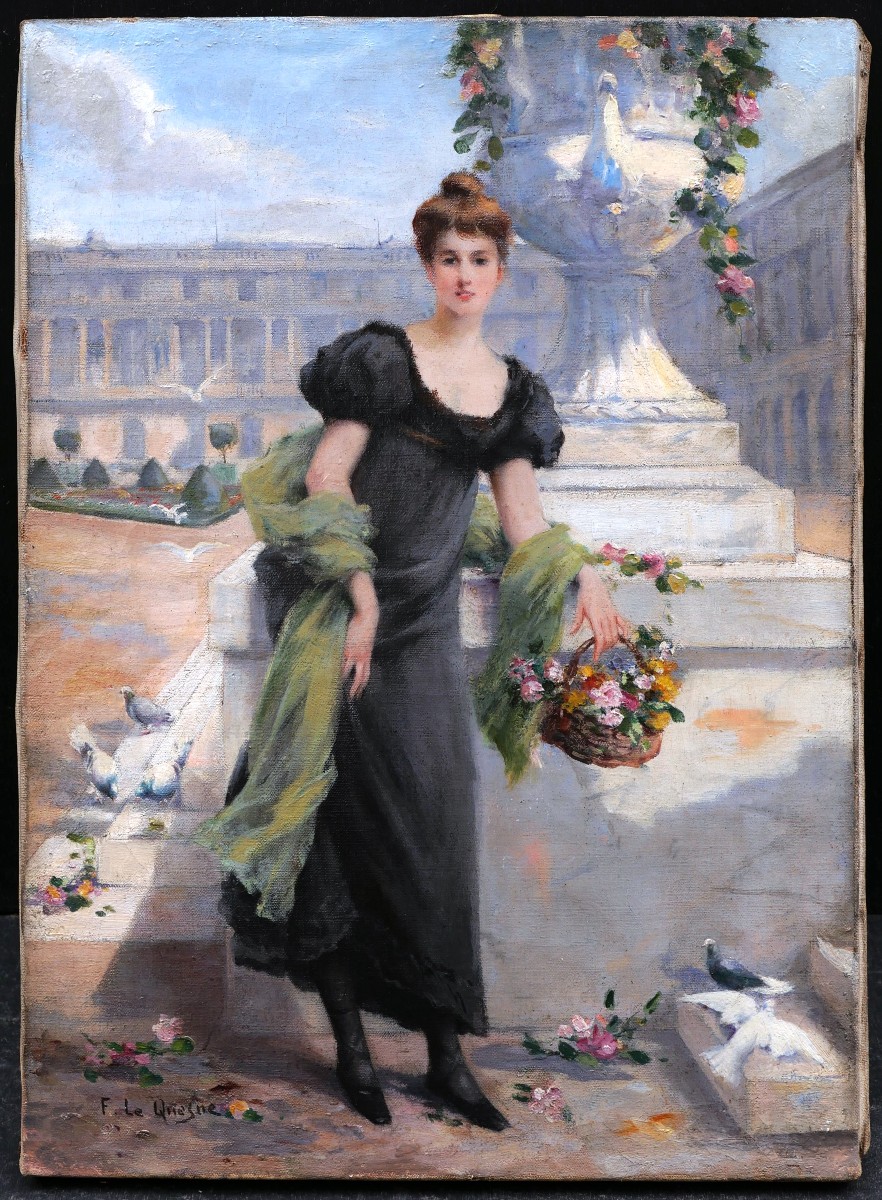 Fernand LE QUESNE, Jeune femme dans les Jardins du Château de Versailles (tableau)-photo-1