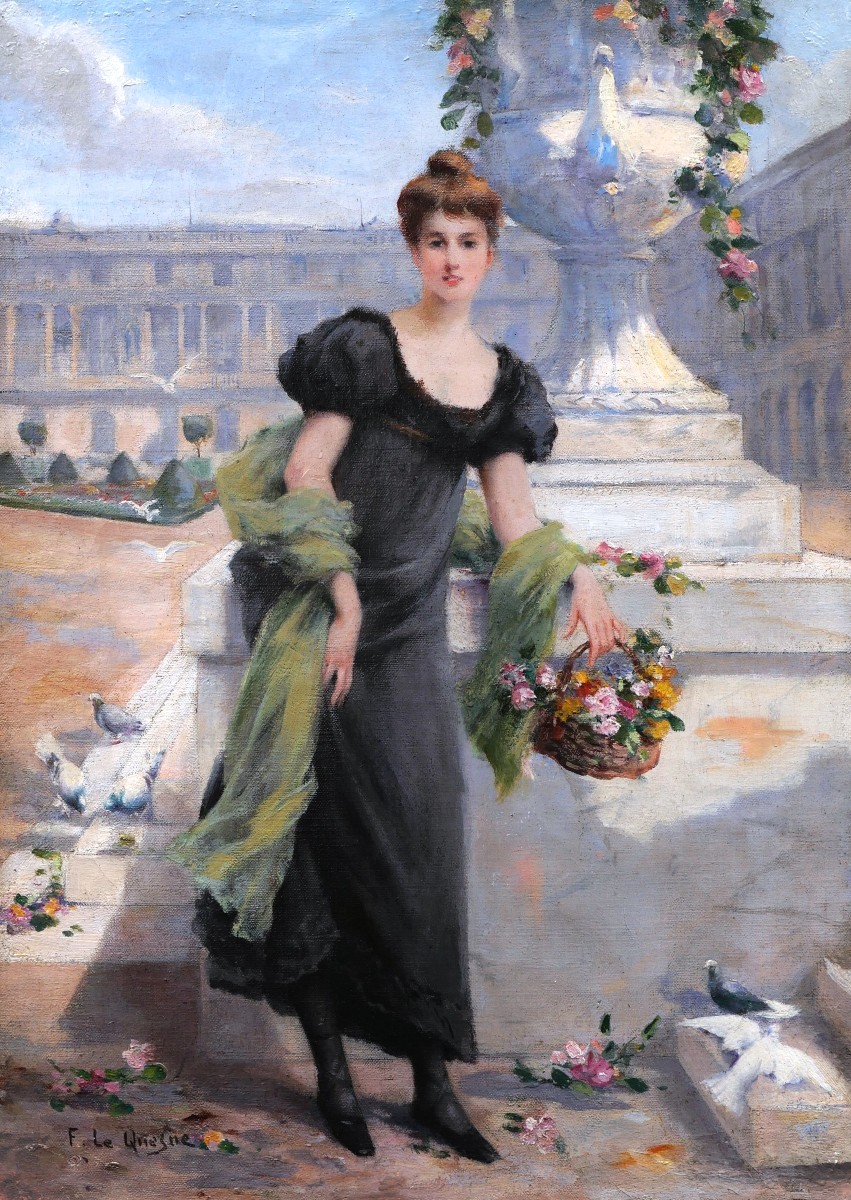 Fernand LE QUESNE, Jeune femme dans les Jardins du Château de Versailles (tableau)