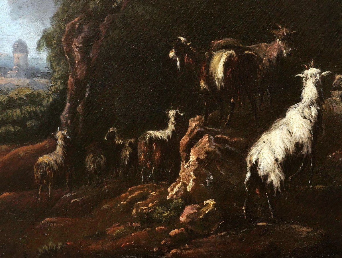 Attribué à Philipp Peter ROOS, dit ROSA di TIVOLI, Chèvres dans un paysage, tableau-photo-2
