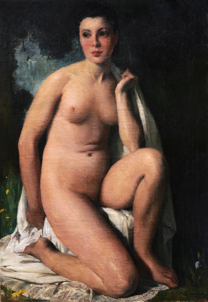 Paul Charavel, La Baigneuse Au Crépuscule, Large-format Painting (art Deco Nude)