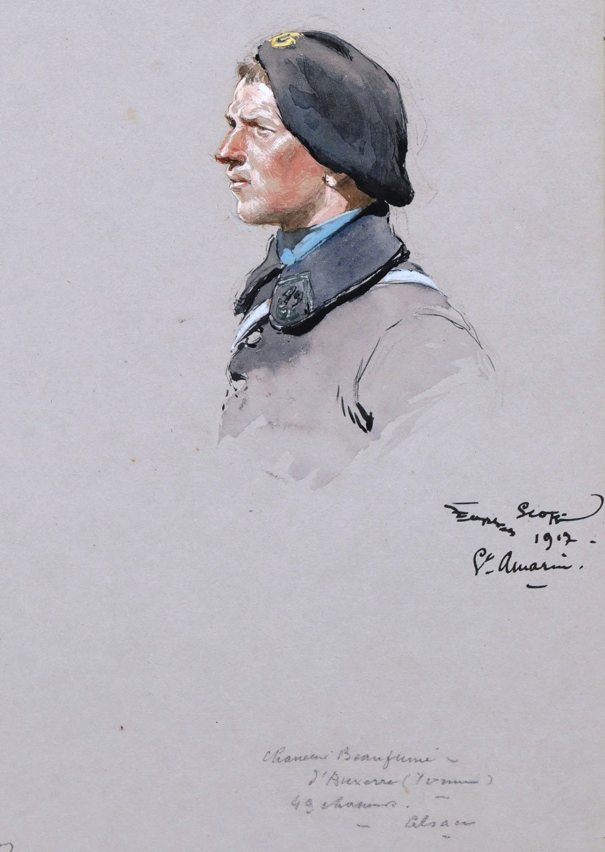 Georges SCOTT, Trois portraits de soldats, dont un Vosgien et un Auxerrois, dessin-photo-3