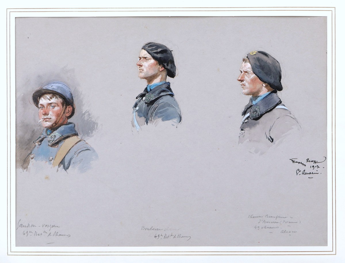 Georges SCOTT, Trois portraits de soldats, dont un Vosgien et un Auxerrois, dessin-photo-1