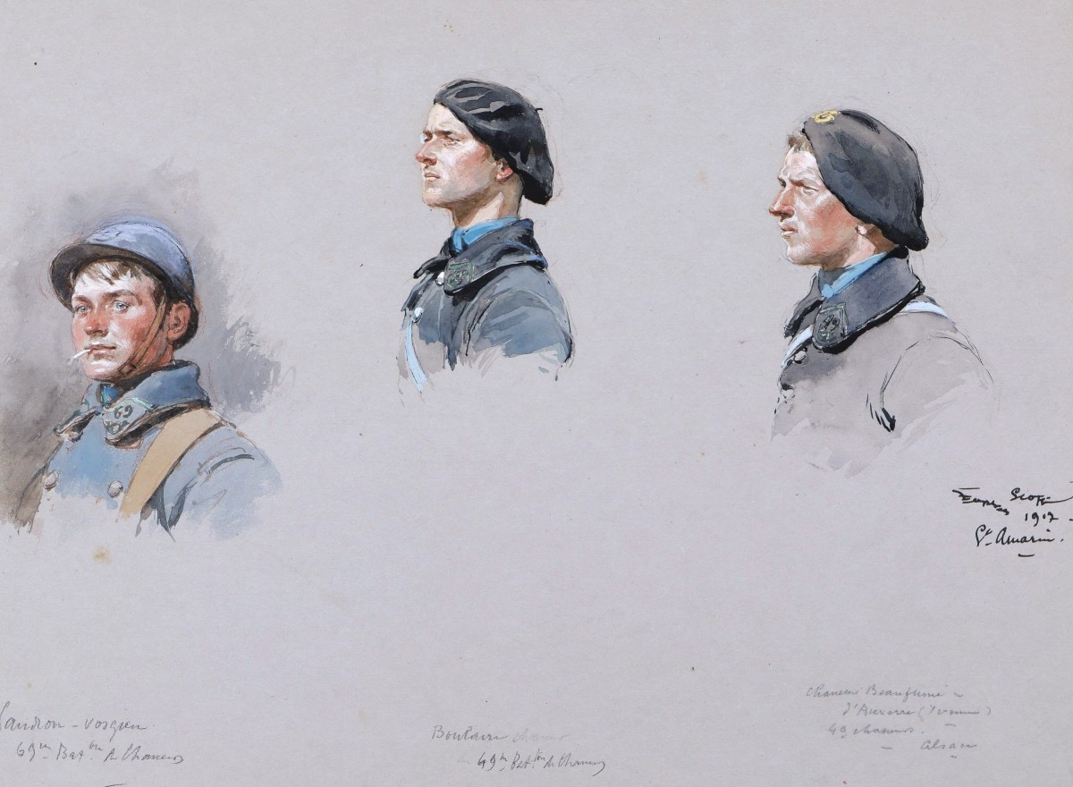 Georges SCOTT, Trois portraits de soldats, dont un Vosgien et un Auxerrois, dessin