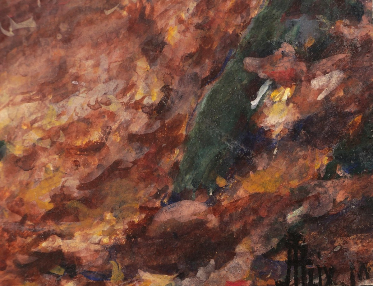 Jeanne ALIX, L'artiste se promenant dans la Forêt de Fontainebleau, dessin à la gouache-photo-3