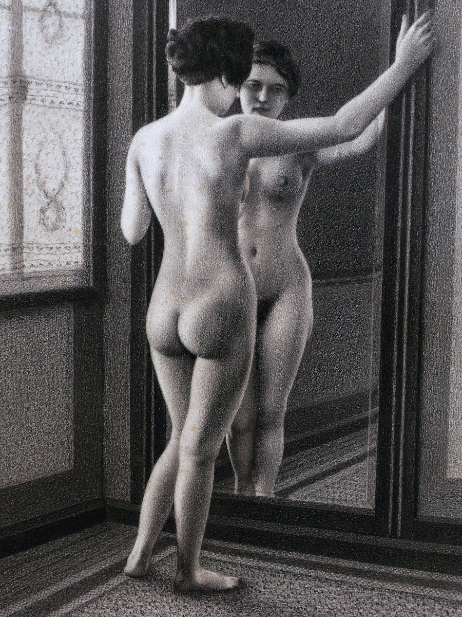 Albert Mura, Woman With Mirror, Art Deco Nude Drawing-photo-2