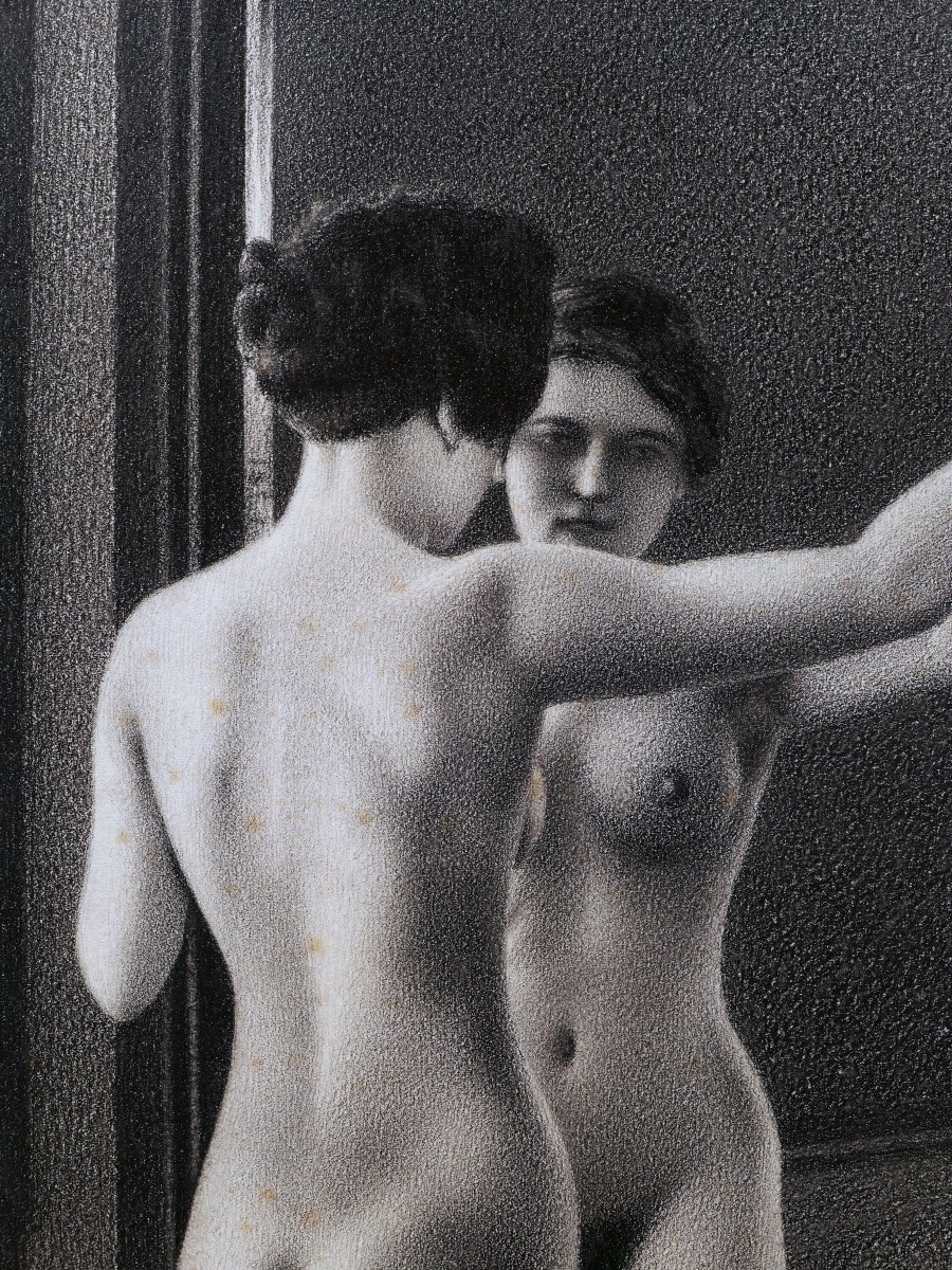Albert Mura, Woman With Mirror, Art Deco Nude Drawing-photo-3