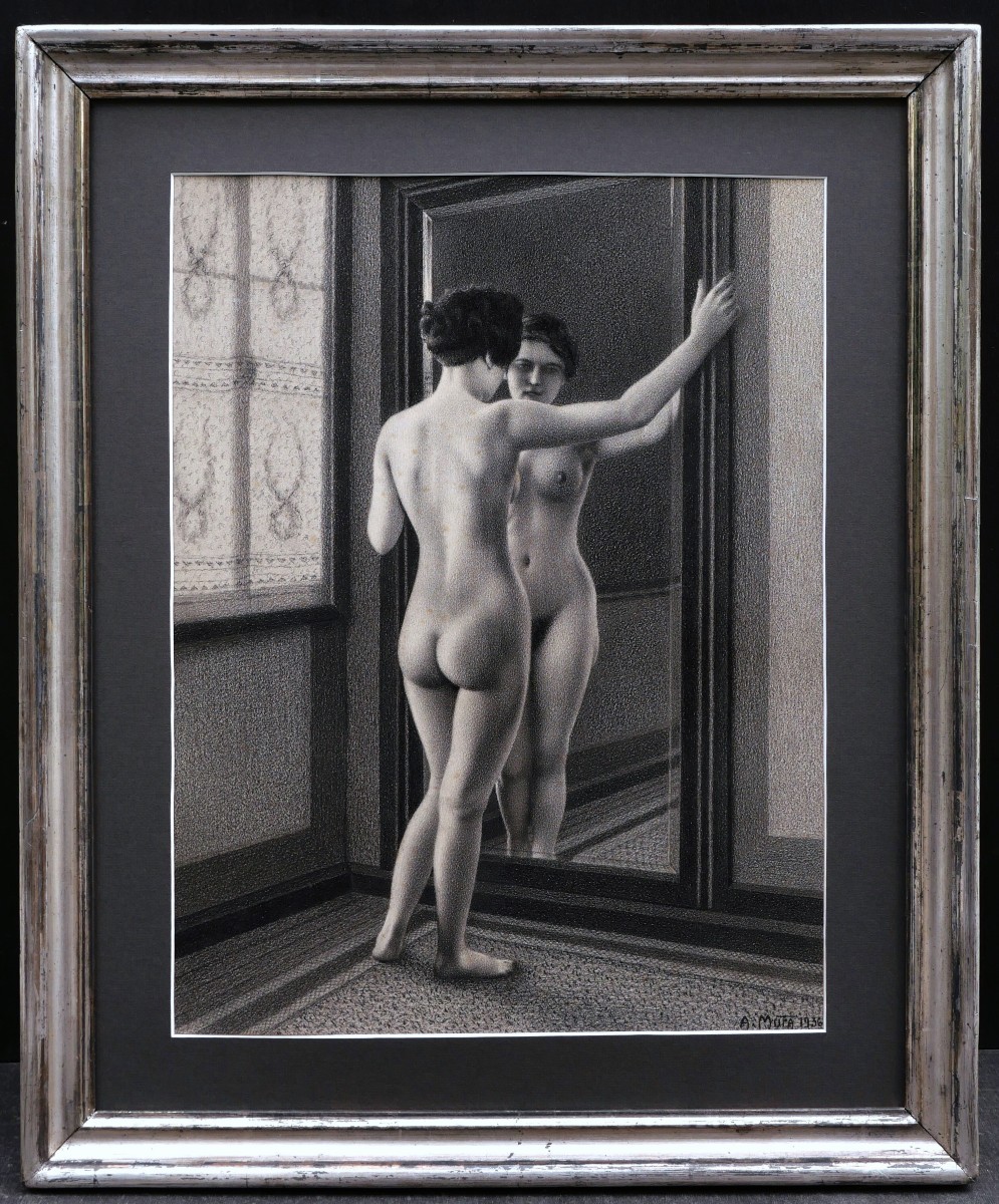 Albert Mura, Woman With Mirror, Art Deco Nude Drawing-photo-1