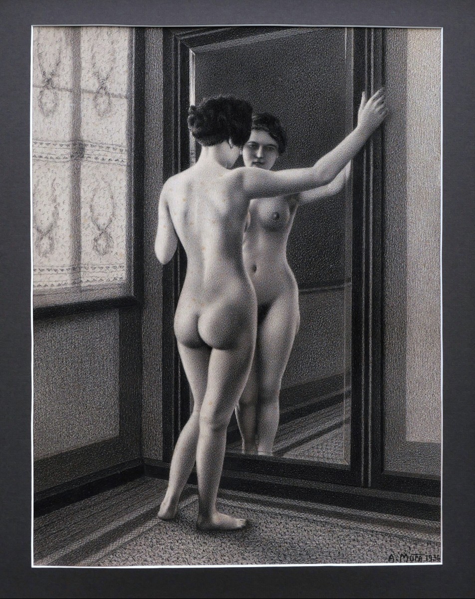 Albert Mura, Woman With Mirror, Art Deco Nude Drawing-photo-2