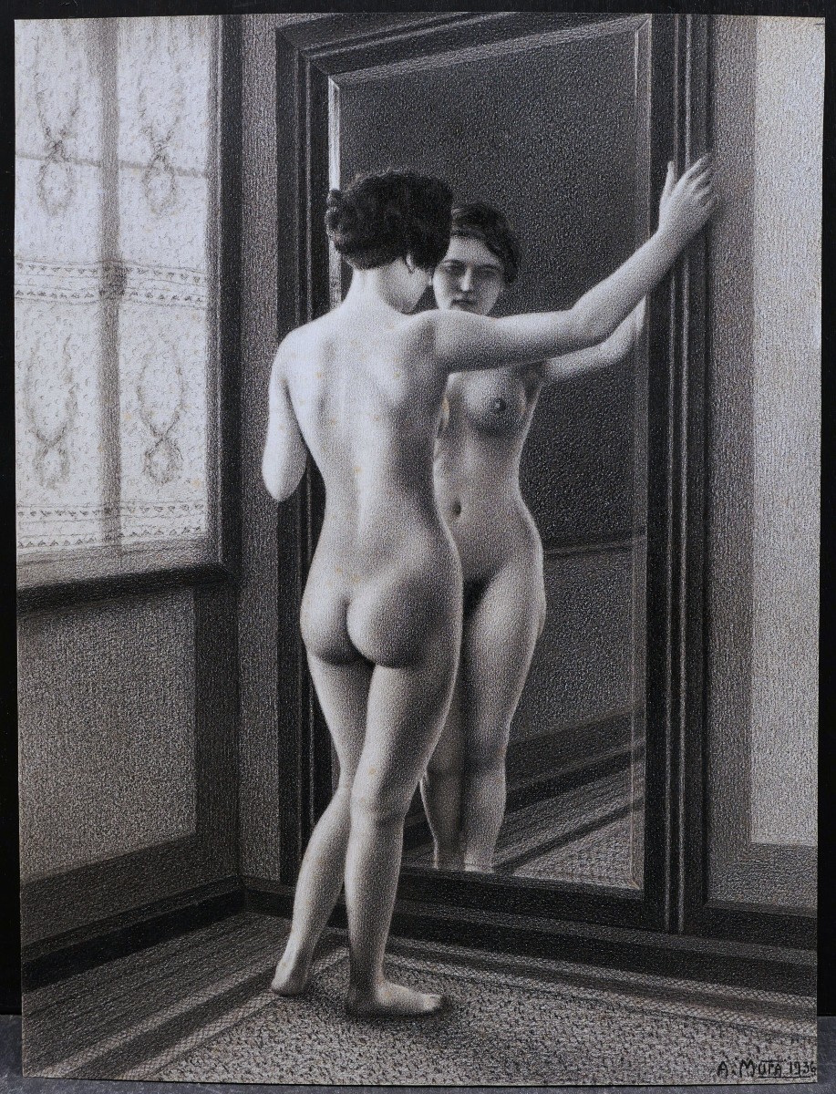 Albert Mura, Woman With Mirror, Art Deco Nude Drawing-photo-3