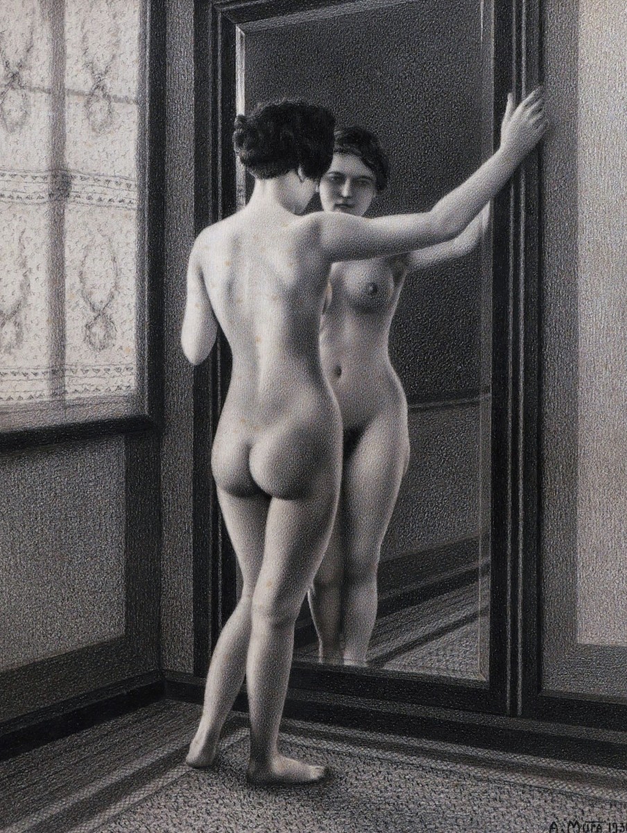 Albert Mura, Woman With Mirror, Art Deco Nude Drawing