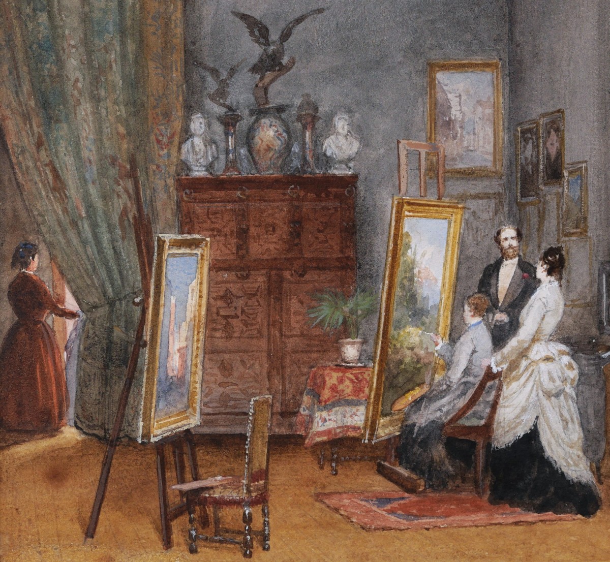 French School Circa 1870-1880, Women Painters At Work In A Studio, Watercolor-photo-2