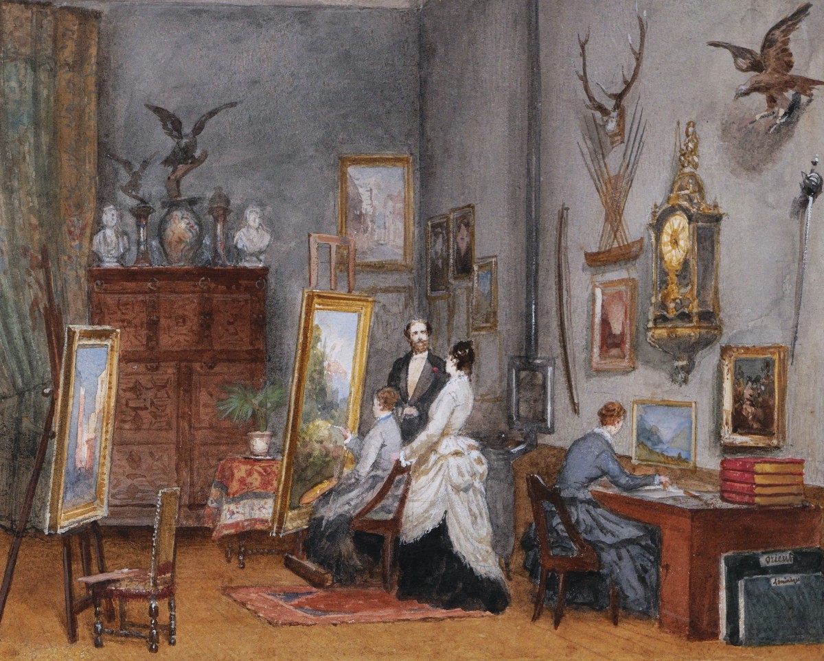 French School Circa 1870-1880, Women Painters At Work In A Studio, Watercolor-photo-3