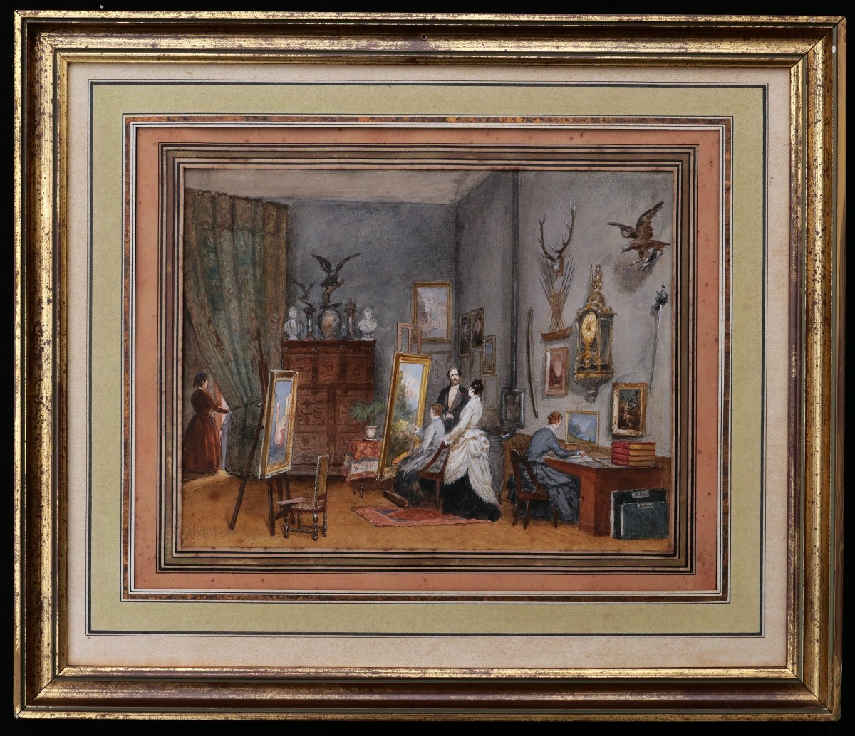 French School Circa 1870-1880, Women Painters At Work In A Studio, Watercolor-photo-4