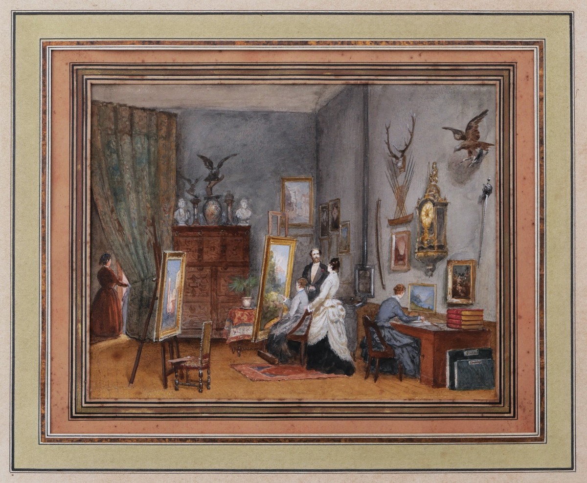French School Circa 1870-1880, Women Painters At Work In A Studio, Watercolor-photo-1