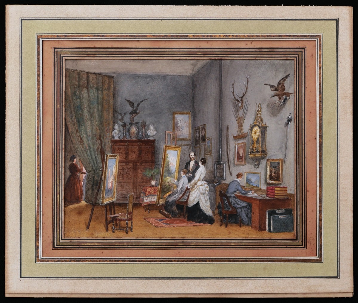 French School Circa 1870-1880, Women Painters At Work In A Studio, Watercolor-photo-2