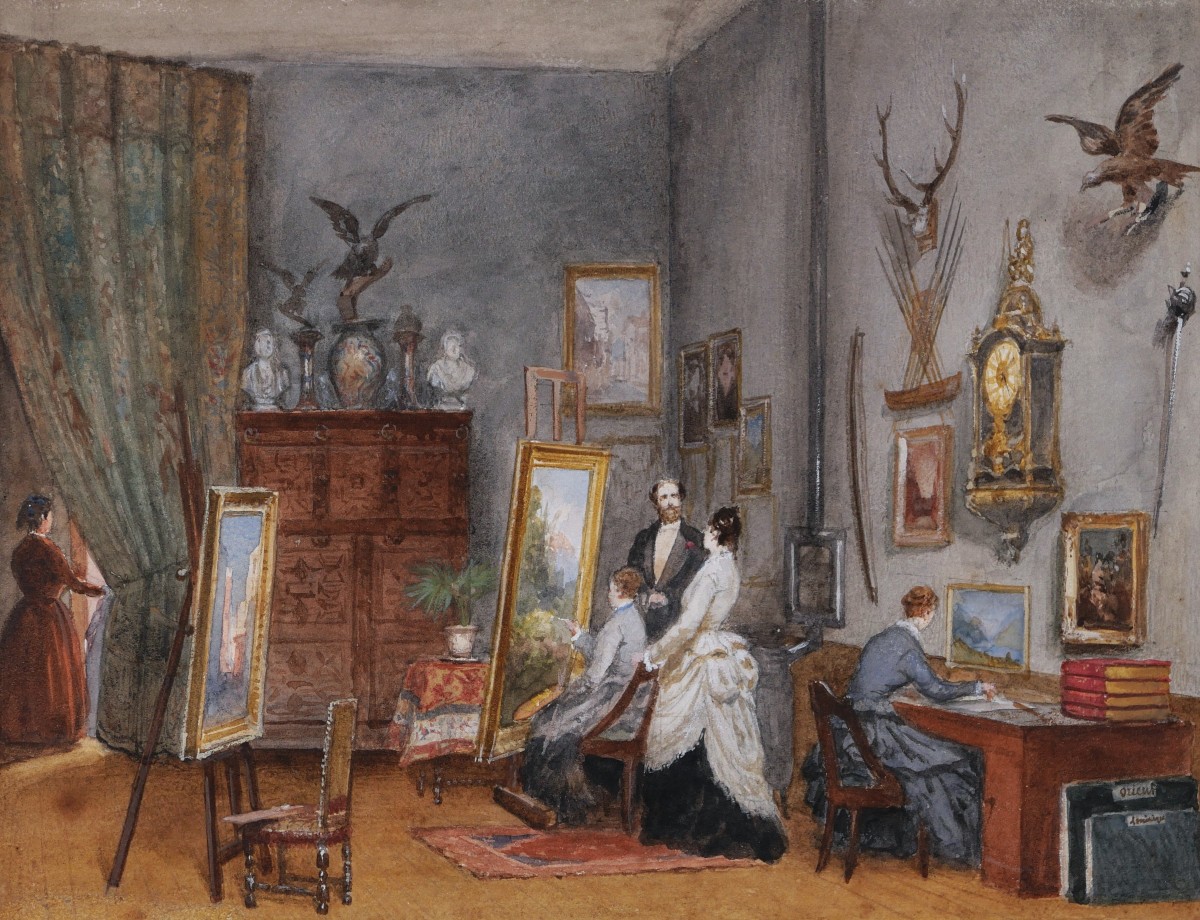 French School Circa 1870-1880, Women Painters At Work In A Studio, Watercolor