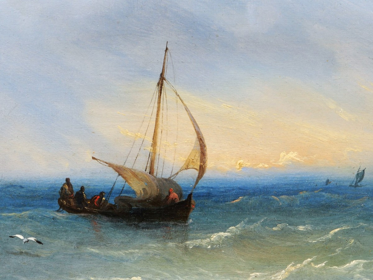 François Pierre Barry, Barque In The Mediterranean Sea, Marine Painting With Boat-photo-2