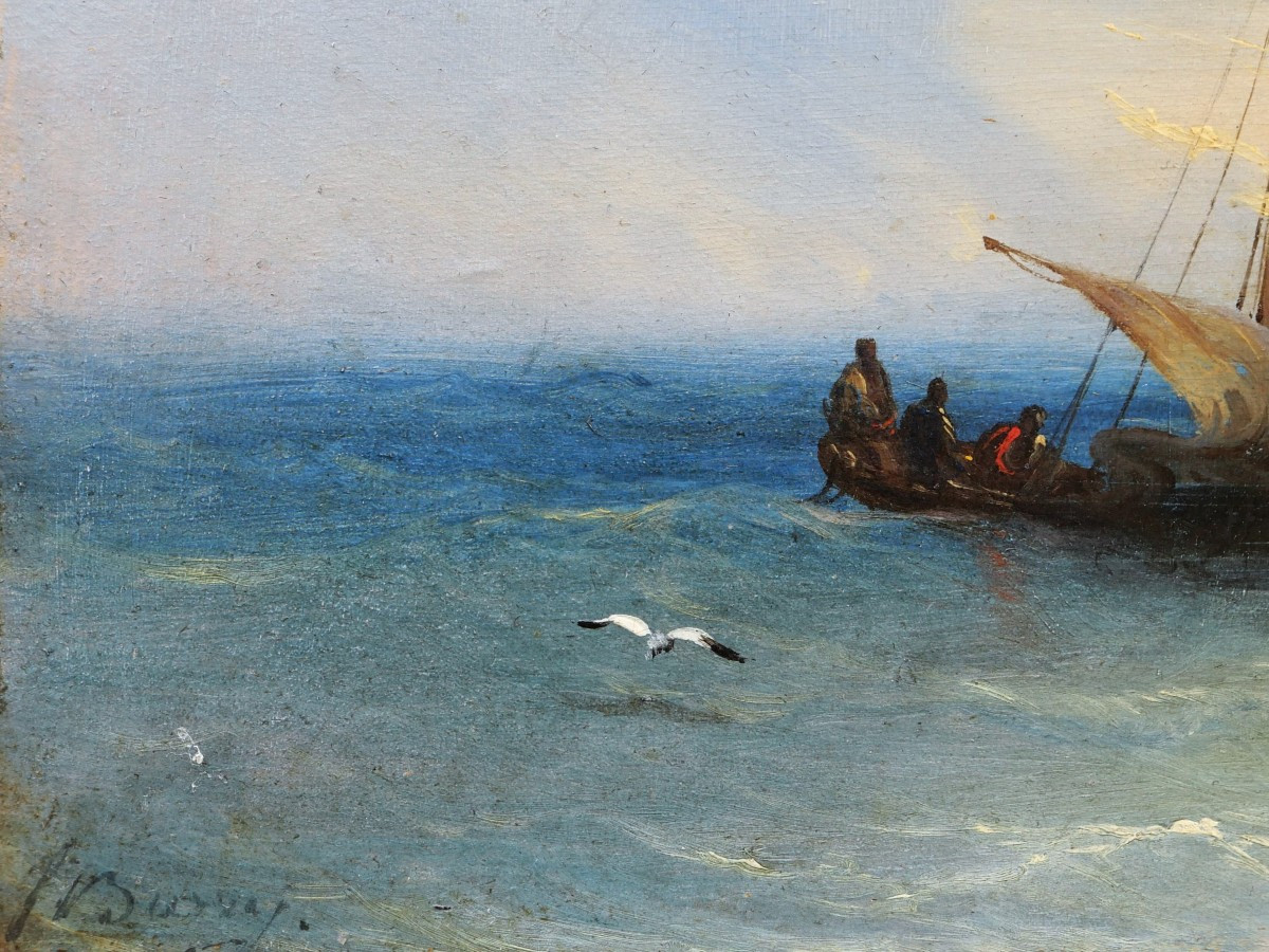 François Pierre Barry, Barque In The Mediterranean Sea, Marine Painting With Boat-photo-3