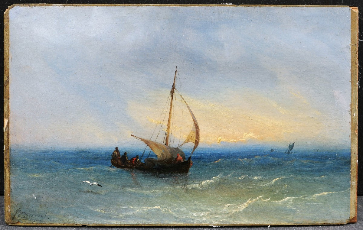 François Pierre Barry, Barque In The Mediterranean Sea, Marine Painting With Boat-photo-4