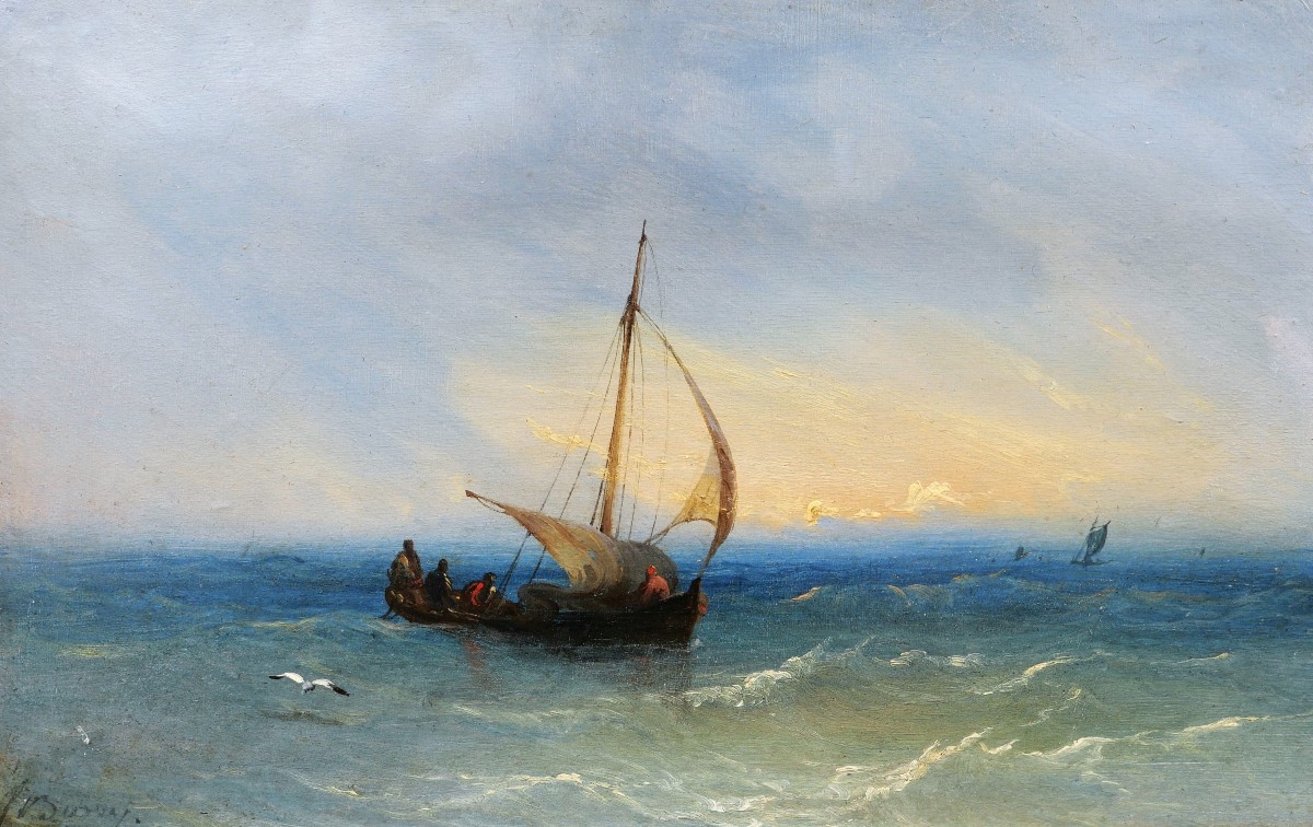 François Pierre Barry, Barque In The Mediterranean Sea, Marine Painting With Boat