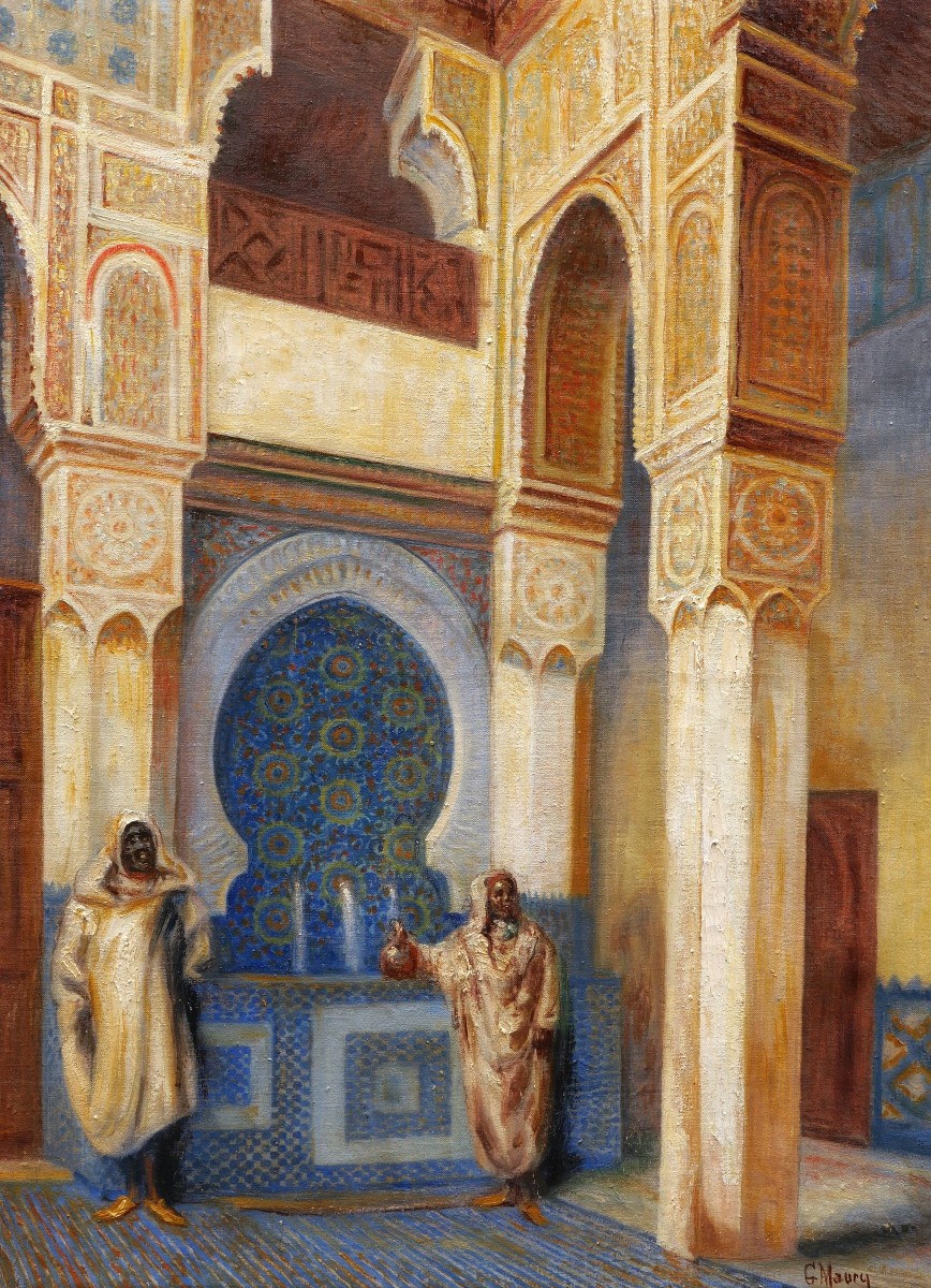 Georges MAURY, Intérieur de mosquée ou palais marocain, tableau orientaliste (GRAND FORMAT)-photo-2