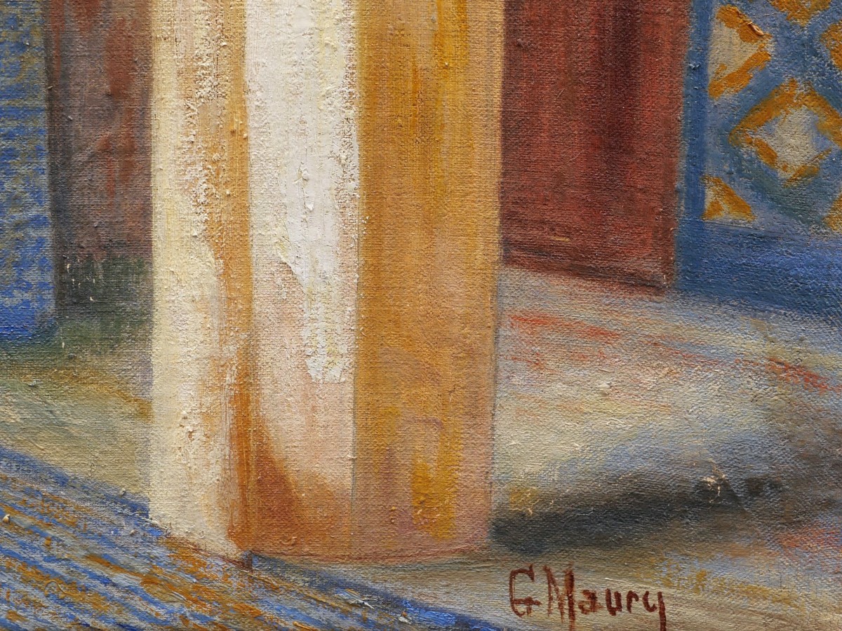 Georges MAURY, Intérieur de mosquée ou palais marocain, tableau orientaliste (GRAND FORMAT)-photo-4