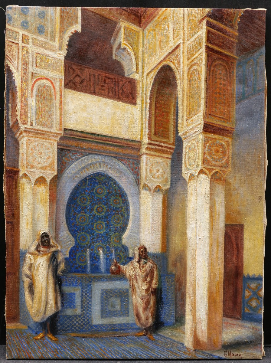Georges MAURY, Intérieur de mosquée ou palais marocain, tableau orientaliste (GRAND FORMAT)-photo-1