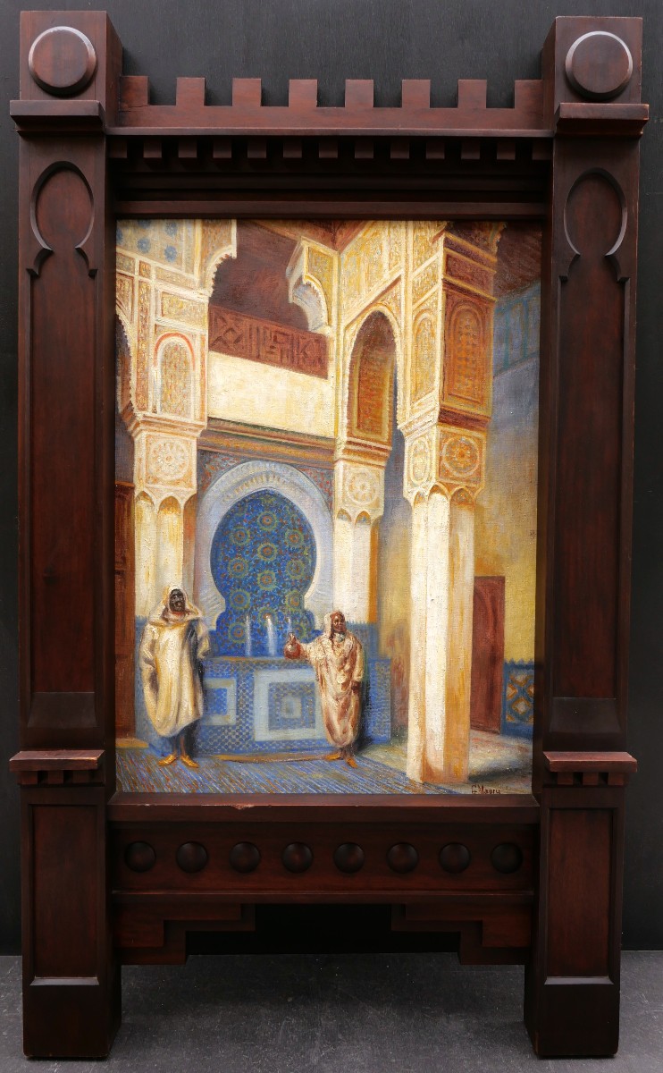 Georges MAURY, Intérieur de mosquée ou palais marocain, tableau orientaliste (GRAND FORMAT)