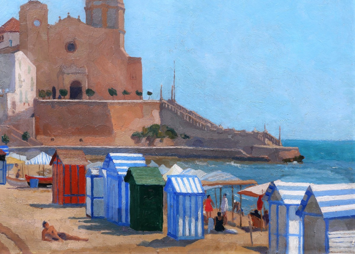 Attribué à Agapito CASAS ABARCA, Plage animée à Sitges, tableau espagnol catalan-photo-2