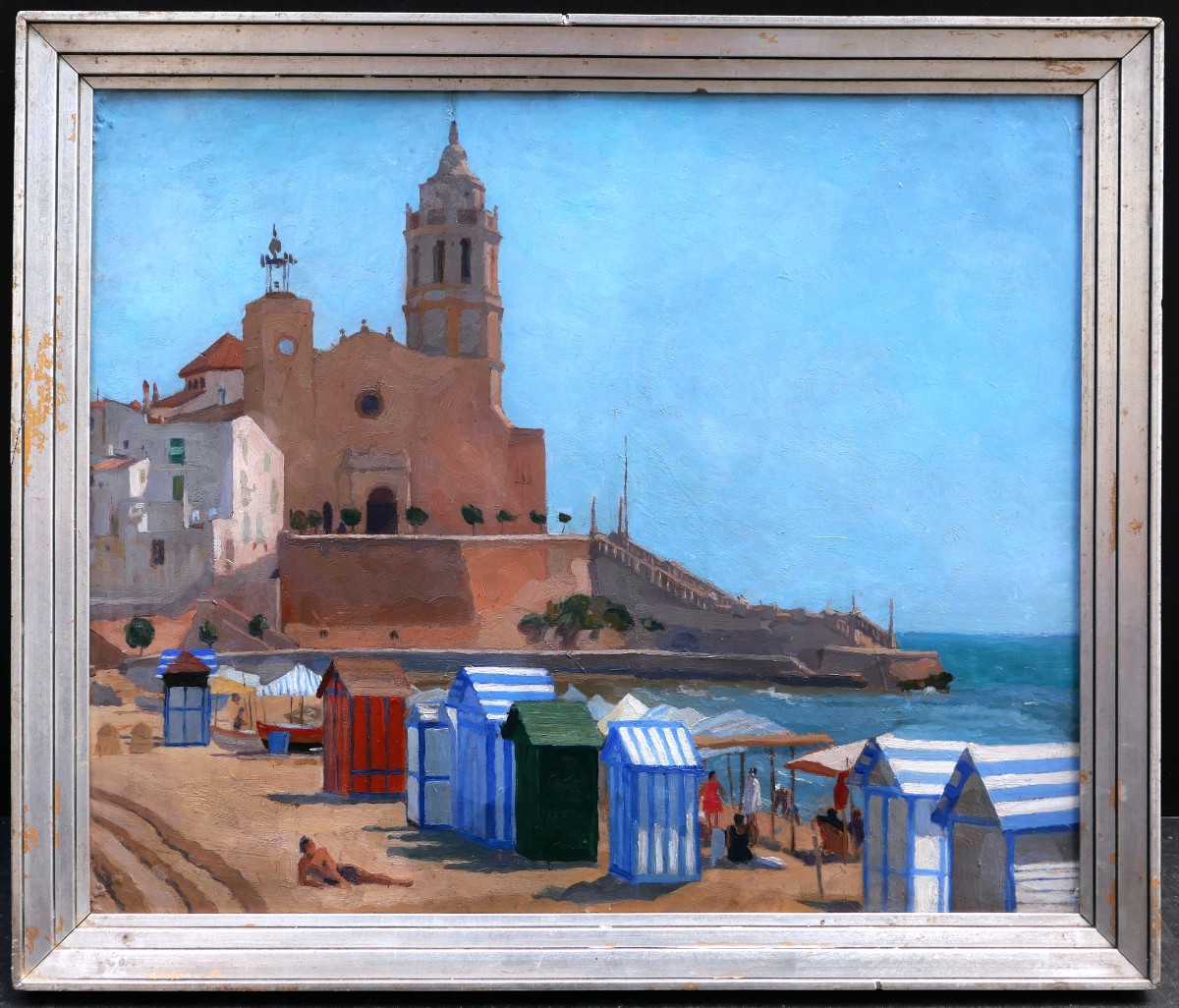Attribué à Agapito CASAS ABARCA, Plage animée à Sitges, tableau espagnol catalan-photo-3
