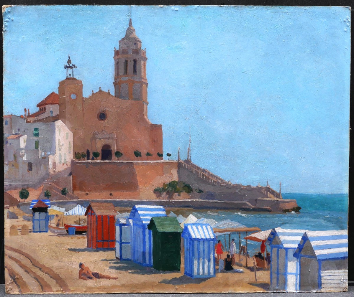 Attribué à Agapito CASAS ABARCA, Plage animée à Sitges, tableau espagnol catalan-photo-4