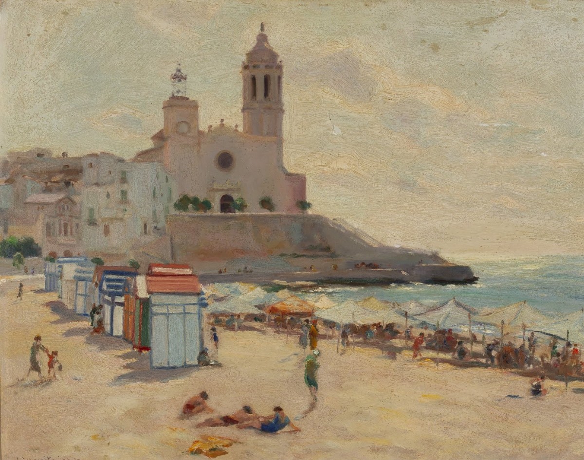 Attribué à Agapito CASAS ABARCA, Plage animée à Sitges, tableau espagnol catalan-photo-3
