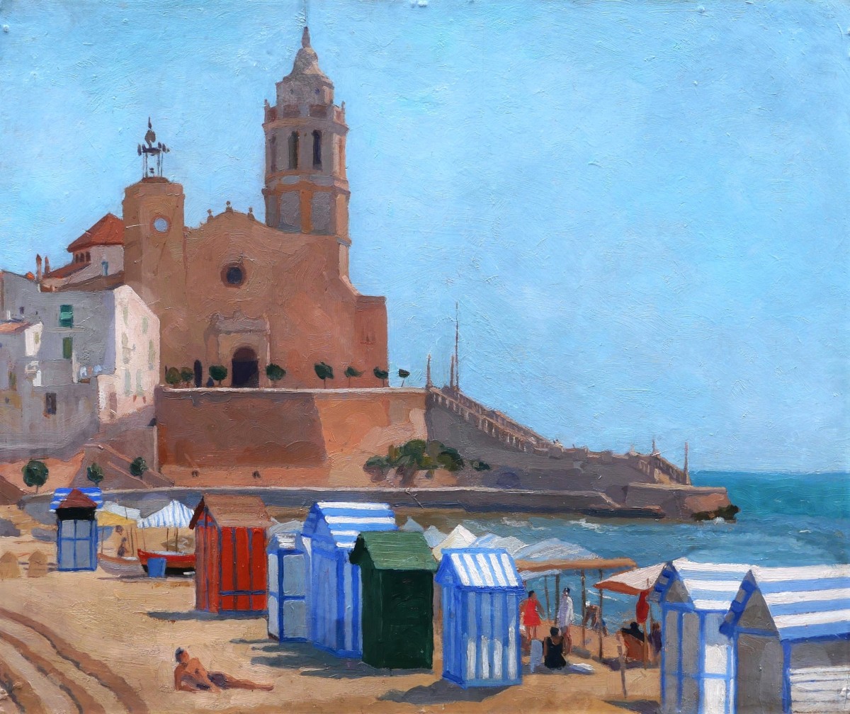 Attribué à Agapito CASAS ABARCA, Plage animée à Sitges, tableau espagnol catalan