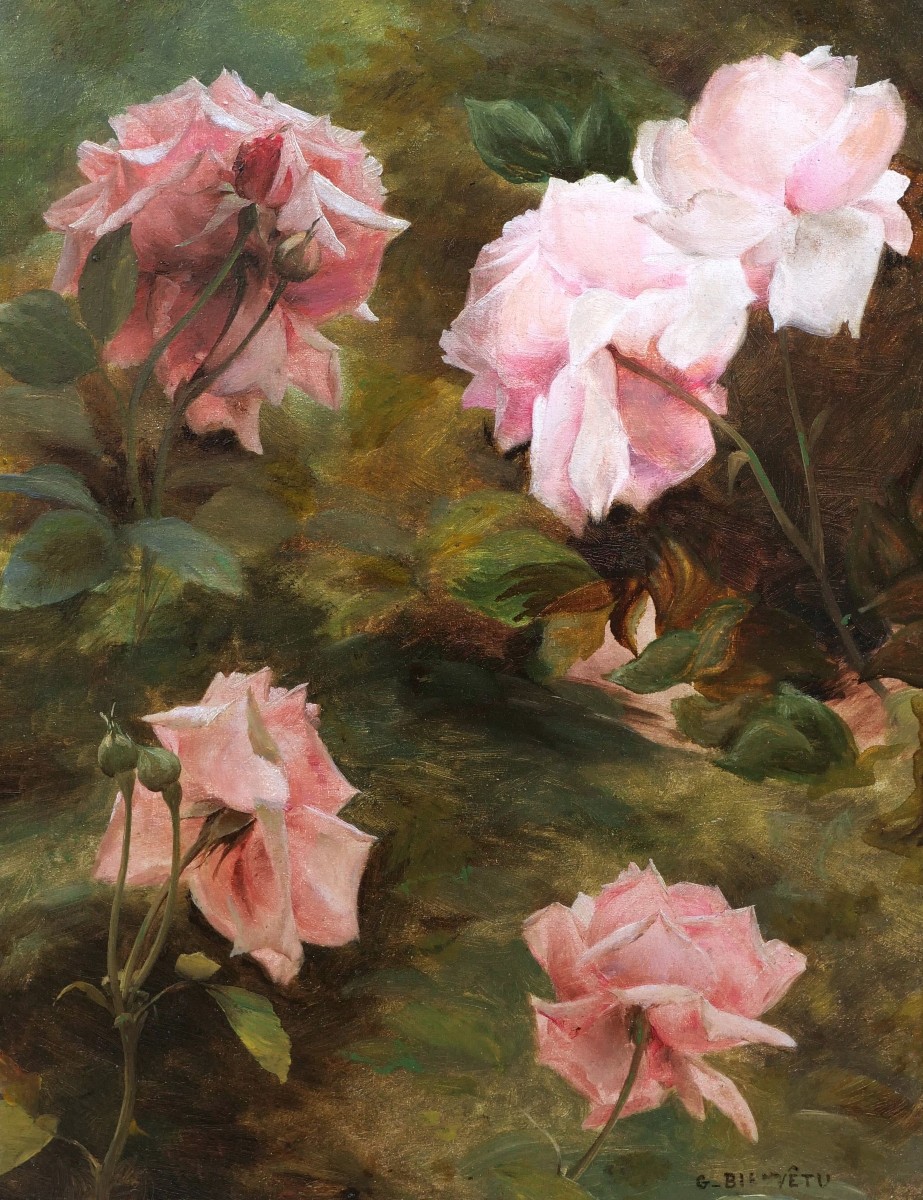 Gustave Bienvêtu, Roses, Still Life Painting Of Flowers