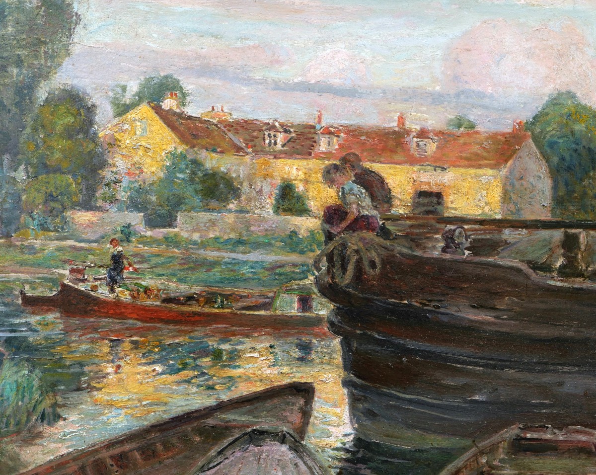 Richard RANFT, Scène animée sur une rivière avec deux enfants, tableau de paysage-photo-2