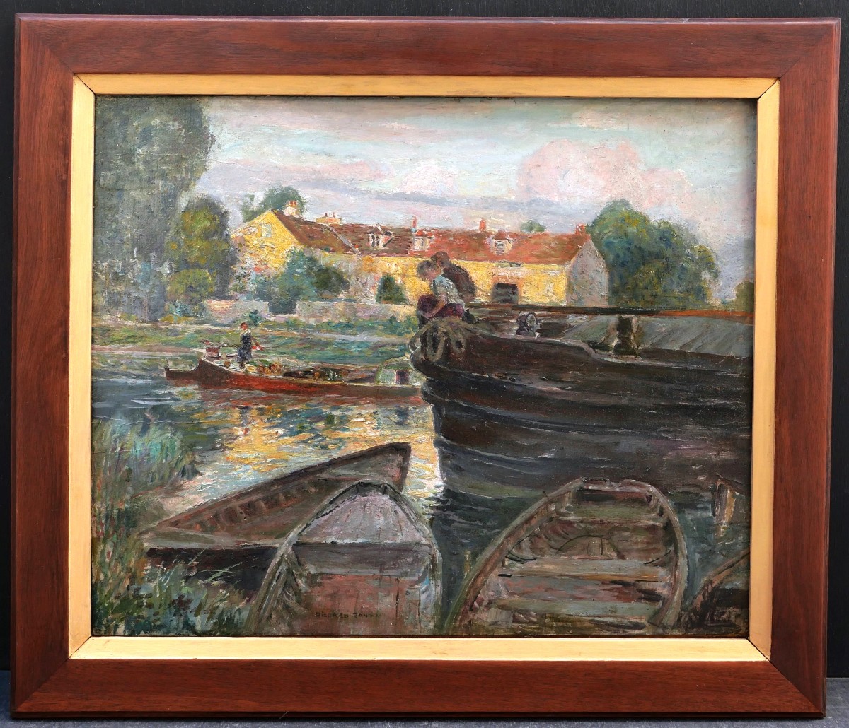 Richard RANFT, Scène animée sur une rivière avec deux enfants, tableau de paysage-photo-4