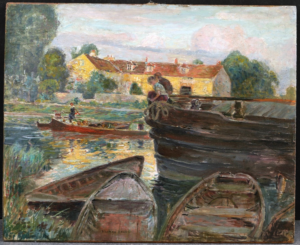 Richard RANFT, Scène animée sur une rivière avec deux enfants, tableau de paysage-photo-1