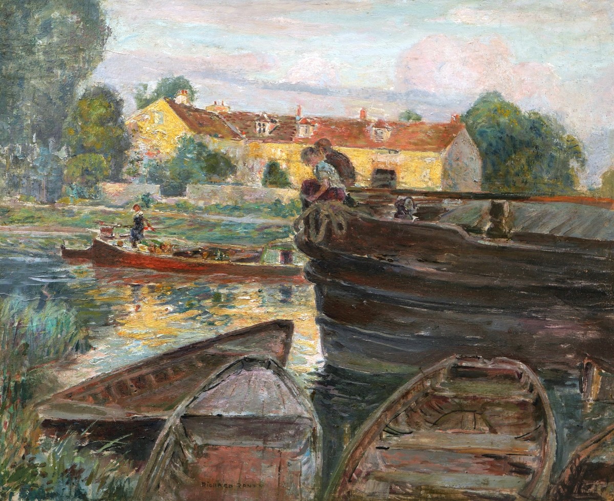 Richard RANFT, Scène animée sur une rivière avec deux enfants, tableau de paysage