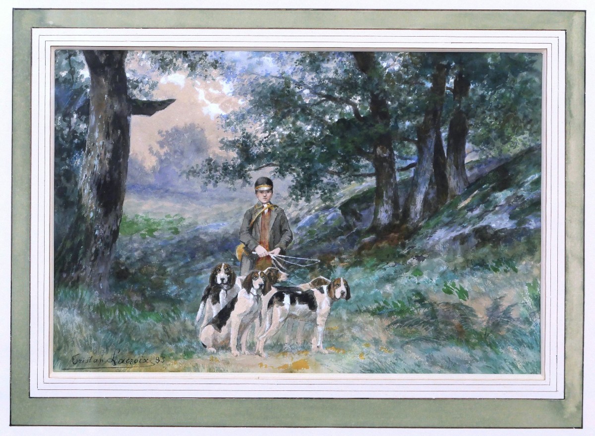 Tristan Lacroix, A Young Hunter On A Hunt With His Dogs, Hunting Watercolor-photo-1